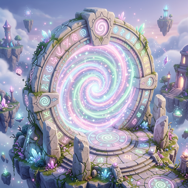 a stone portal with a swirling pastel vortex